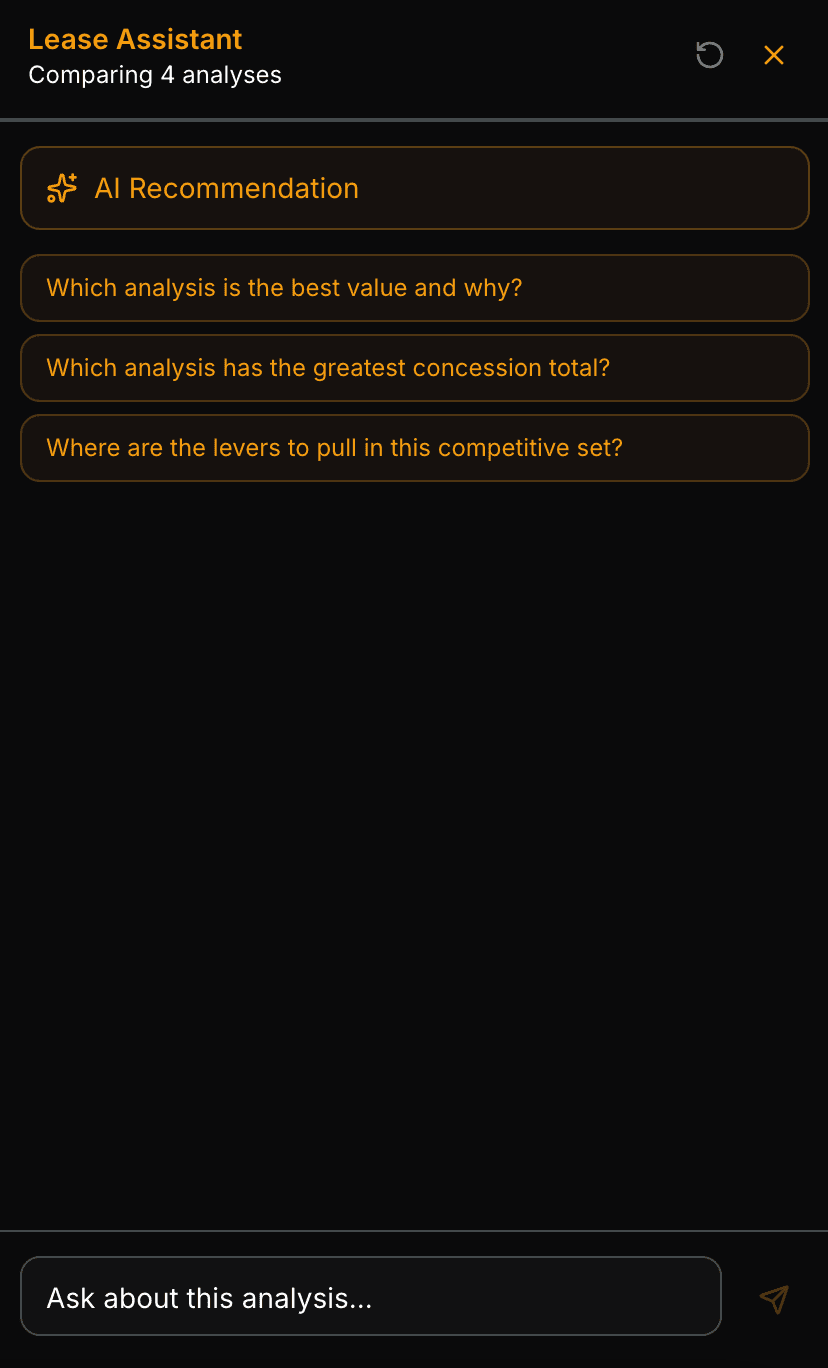 AI Assistant panel — natural language queries about lease analysis