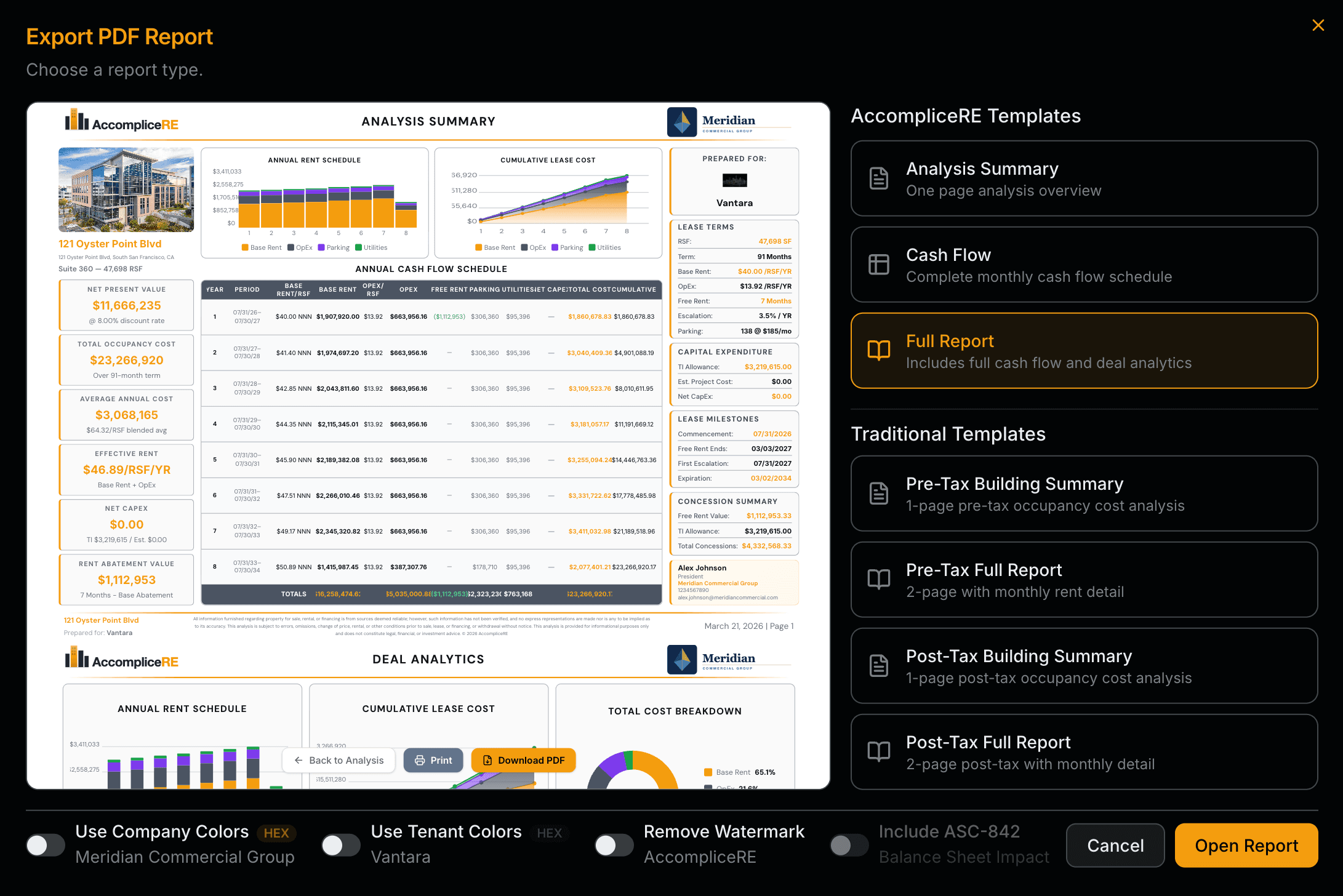 PDF export modal — Analysis Summary, Cash Flow, and Full Report formats